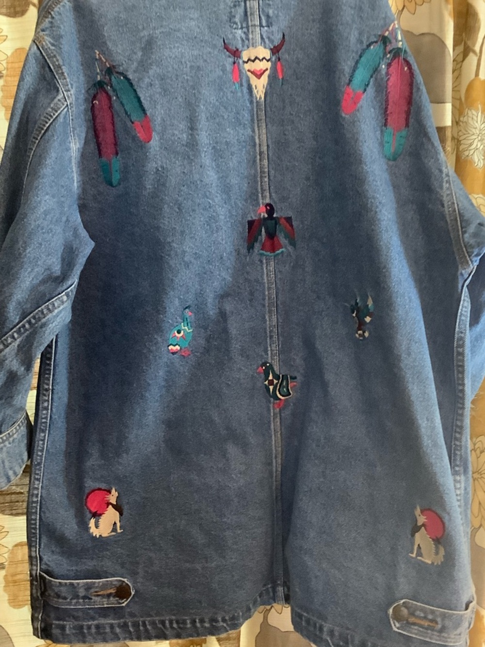 Vintage Embroidered Denim barn chore Jacket Brown Collar 1980-1990 southwestern - Picture 7 of 9